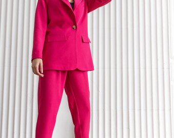 Fuchsia Pink Women’s Suit, Bright Oversized Blazer & Pants Set, Bold Two-Piece Outfit for Events, Stylish Pink Power Look