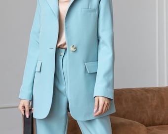 Light Blue Women's Suit, Soft Pastel Blazer and Pants Set, Elegant Oversized Two-Piece Outfit for Office or Brunch, Bridesmaid Set, Birthday