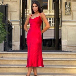 Red Silk Slip Dress – Bold Silky Dress for Holidays, Date Nights or Formal Events, Stunning and Glamorous Gown,Strappy Open Back Satin Dress