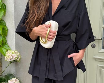 Black Cotton Two-Piece Lounge Set, Wide Leg Pants and Belted Kimono Top, Minimalist Everyday Outfit, Cotton Loungewear, Wide Leg Pants