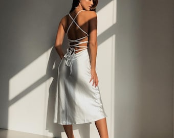 White Silk Slip Dress with Cowl Neck– Sleek Bridal or Special Occasion Gown, Minimalist & Elegant Silky White Midi Dress, Wedding Dress