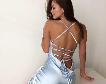 Sky Blue Satin Slip Dress – Fresh & Airy Silky Dress for Garden Parties, Daytime Events or Bridesmaids, Soft Blue Gown, Backless Slip Dress