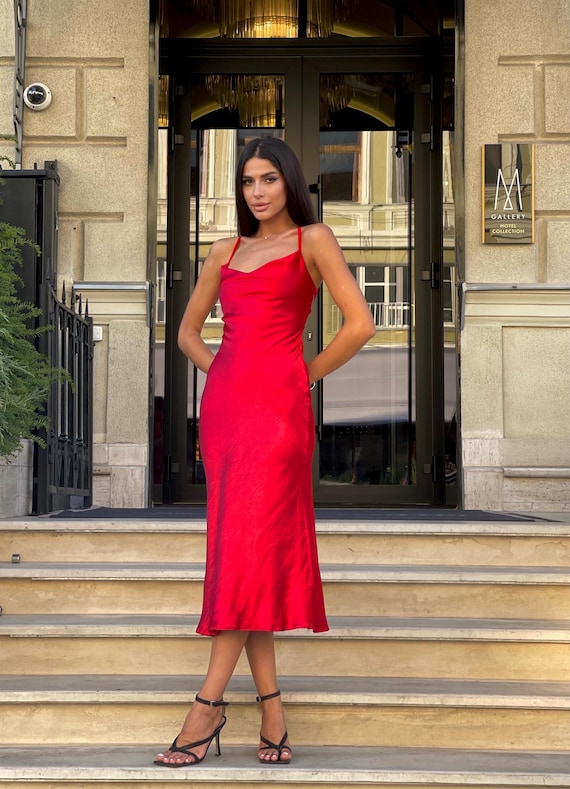 open lace back dress Aspen Midi Dress - Deep Red Satin Slip Dress main image 1