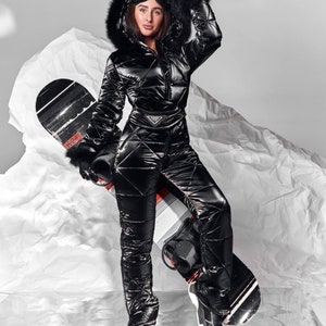 Ski Suit Jumpsuit for Ski Holiday Women Black Ski Suit Warm Snow Skiing With Hood Faux Wool Winter Suit Waterproof Windproof Insulated