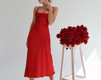 Red Satin Slip Dress – Striking Silky Dress for Valentine’s Day, Parties or Date Nights – Sensual Red Midi Gown, Slip Dress, Gift for her