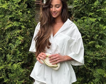 White Cotton Two-Piece Set for Women, Kimono Style Top with Wide Trousers, Summer Casual Outfit, Casual Outfit, Custom Plus Size