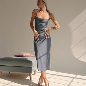 steel grey formal dress Azazie Palana