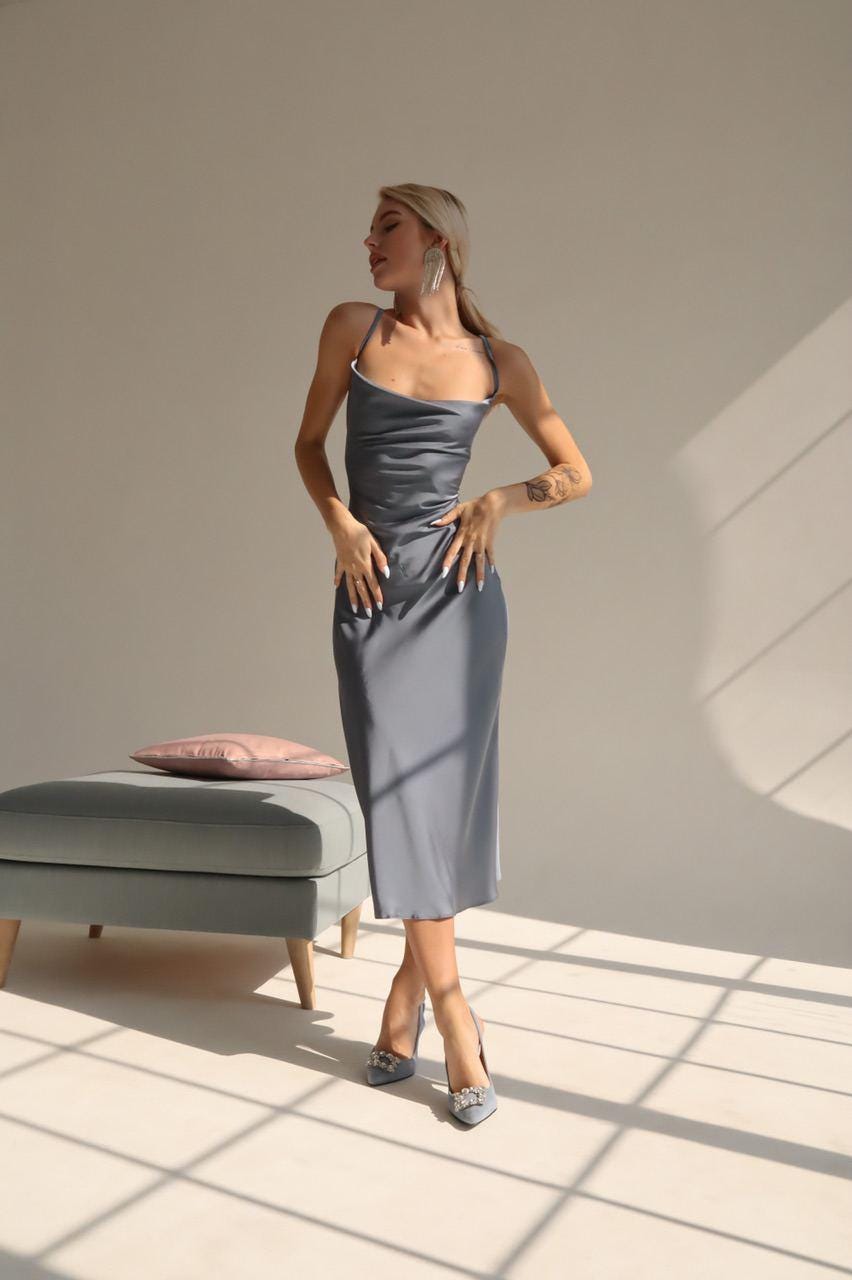 Steel Grey Satin Slip Dress - Minimalist Silky Midi Dress for Chic Urban Events, Cocktail Parties or Evenings Out, Gift for Her