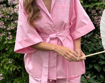 Pink Cotton Wrap Set for Women, Wide Leg Pants with Kimono Top, Casual and Cute Two-Piece Outfit, Waist Trousers, Palazzo Pants