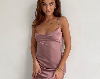 Powder Satin Slip Dress, Silk Slip Dress with Cowl Neck for Special Occasions, Sheath Dress for Bridesmaids, Birthday Girls, Gift for Her