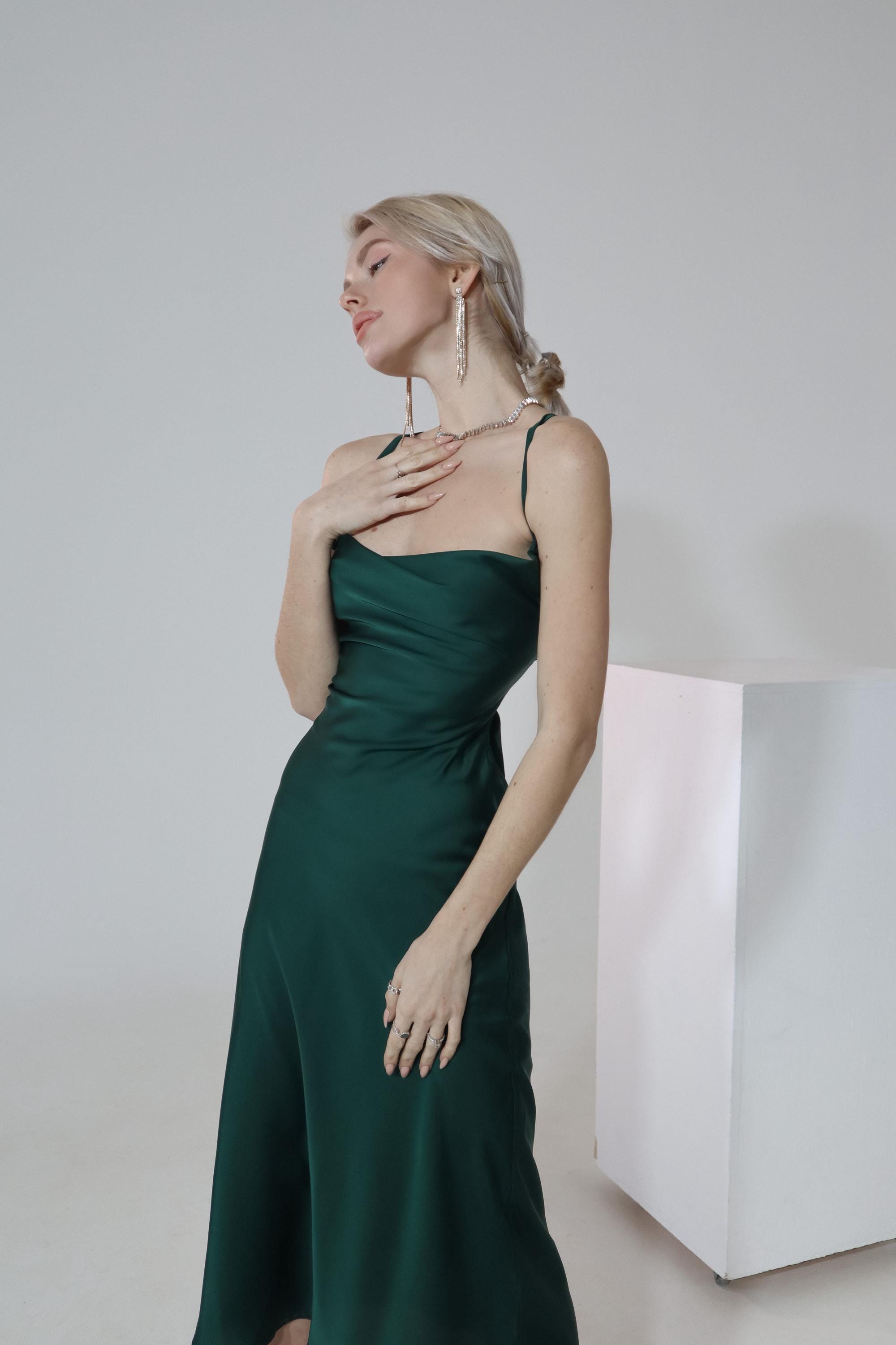 slim fit dress slacks Vida Green Satin Midi Dress with Tie Straps main image 0