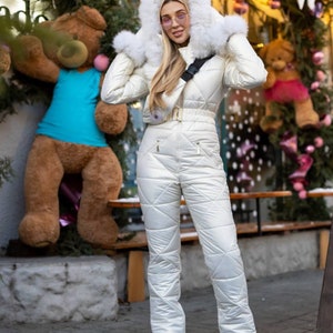 White Ski Suit, Women Ski Jumpsuit, Retro Snowsuit, Jumpsuit, Ski Outfit With Hood ,Jumpsuit For Snowboarding, Overalls Winter One-Piece