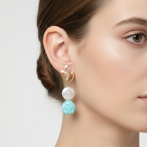 Lampwork Shell Dangle Stud Earrings: Murano Glass, Coin Pearl, Golden Leaf, Non-Allergenic