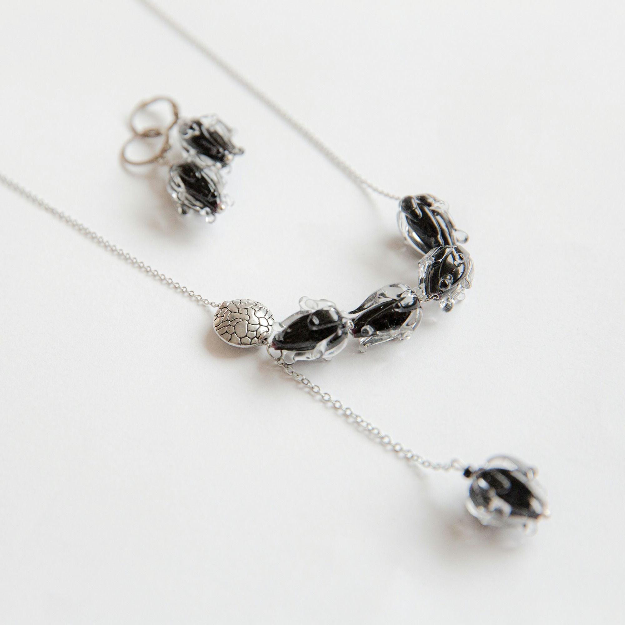 Black Tulip Necklace and Earrings Set: Lampwork Murano Glass 