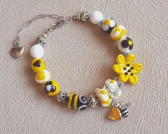 Honungsbi-solrosarmband: Gulvita svarta lampwork Murano-glaspärlor, berlock i rostfritt stål