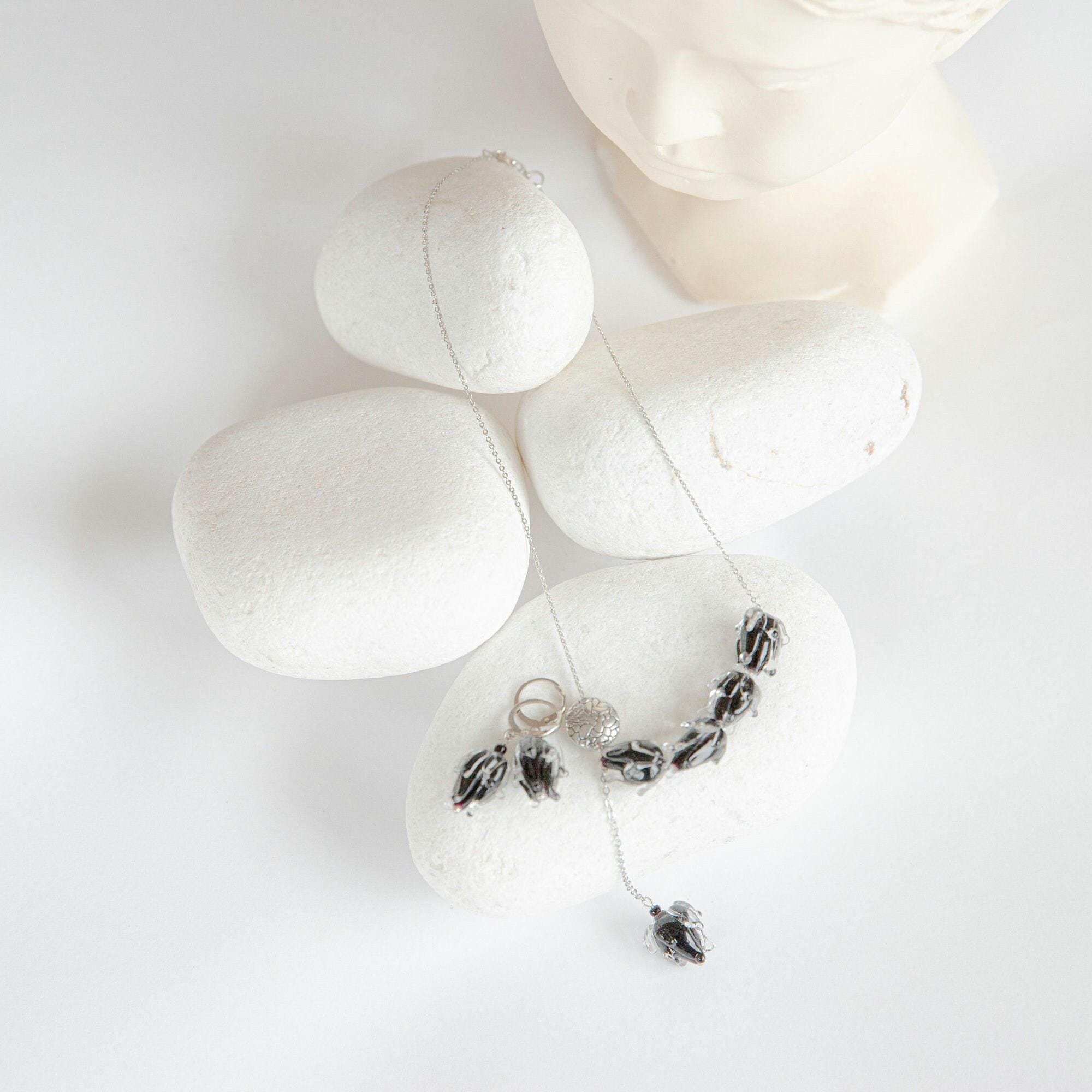 Black Tulip Necklace and Earrings Set: Lampwork Murano Glass 