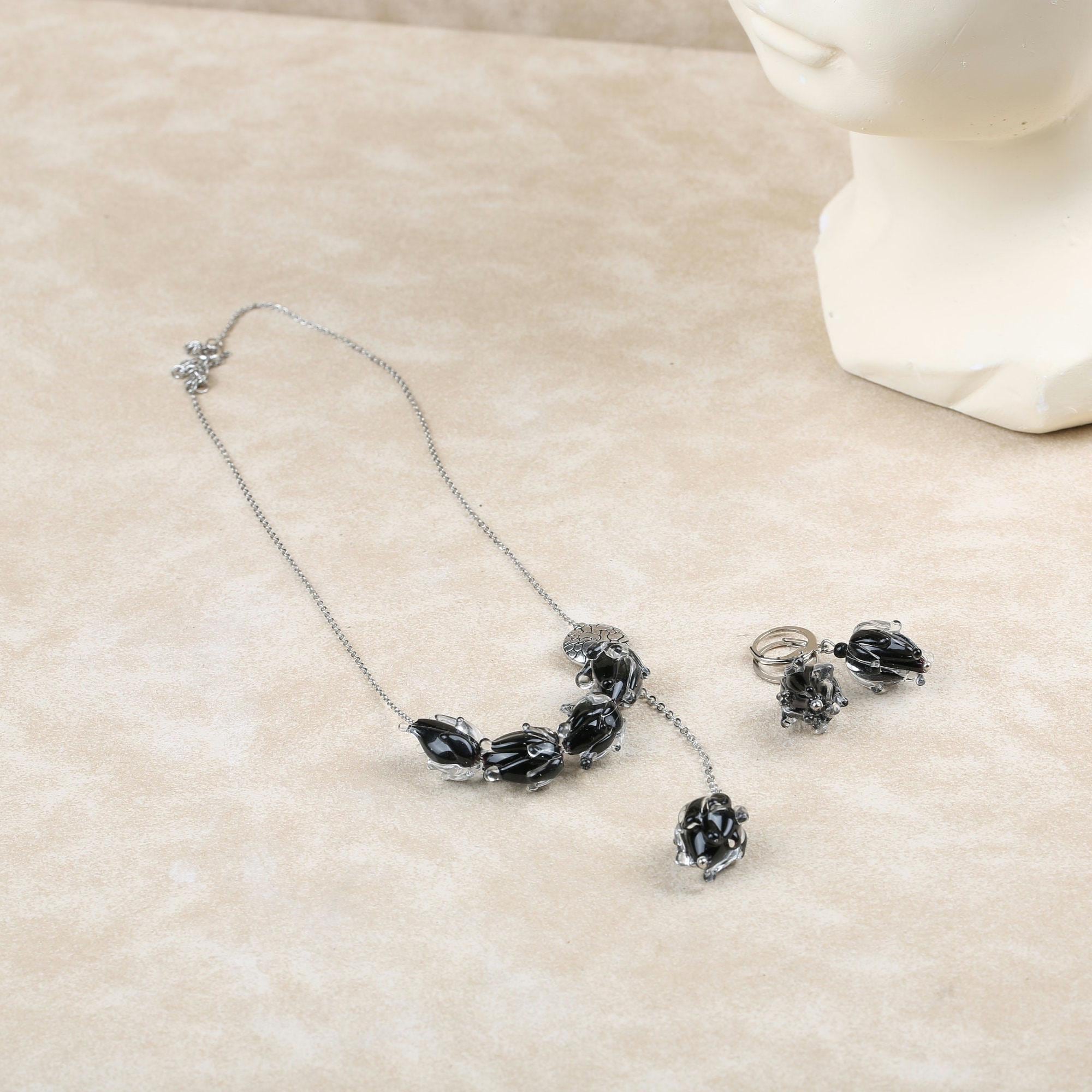 Black Tulip Necklace and Earrings Set: Lampwork Murano Glass 