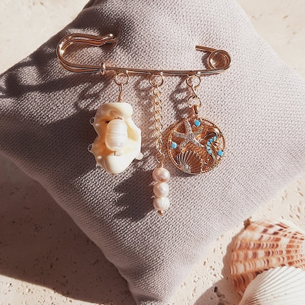 Murano Glass Pearl Sea Kilt Pin Broche Lamp Work Christmas Gift Handmade Jewelry Birthday Mothersday Seahorse Oyster Sea Shell Crab Summer