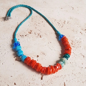 Red Coral Turquoise Necklace: Murano Glass, Gemstone Beaded Bohemian Jewelry
