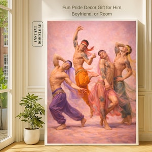 Puede incluir: Una impresión enmarcada que presenta cuatro figuras masculinas con trajes coloridos y fluidos, bailando sobre un fondo rosa. Las figuras llevan cintas para la cabeza y atuendos de danza del vientre en tonos morado, naranja, rosa y azul. El texto en la parte superior dice: "Fun Pride Decor Gift for Him, Boyfriend, or Room."