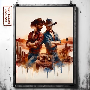 Rustic Gay Cowboy Love Art | Western Romance Wall Decor | LGBTQ+ Pride Digital Download | Unique and Meaningful Gift for Equality and Love