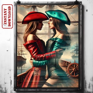 Amor pirata sáfico / Arte de aventuras queer / Impresión digital lésbica romántica / Decoración de pared de fantasía LGBTQ / Póster del orgullo WLW / Descarga instantánea
