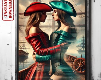 Sapphic Pirate Love | Queer Adventure Art | Romantic Lesbian Digital Print | LGBTQ Fantasy Wall Decor | WLW Pride Poster | Instant Download