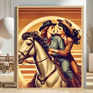 Retro Cowgirl Lesbian Art | Digital Download LGBTQ Wall Decor | Romantic Sapphic Poster | Queer Home Gift for Pride, Weddings, and Lovers
