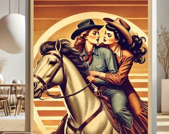 Retro Cowgirl Lesben Kunst | Digitaler Download LGBTQ Wand Dekoration | Romantisches Sapphic Poster | Queer Home Geschenk für Hochzeiten, Pride und Liebhaber