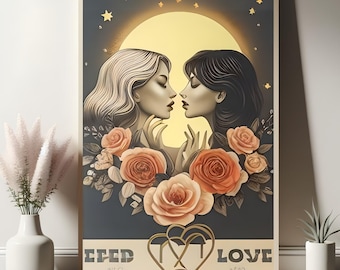 Retro Lesben Wandkunst | Vintage Lesben Poster | Lesben Paar Mond Kunst | Lesbische Liebe Wanddekor | LGBTQ Pride Wandkunst - LGBT Poster