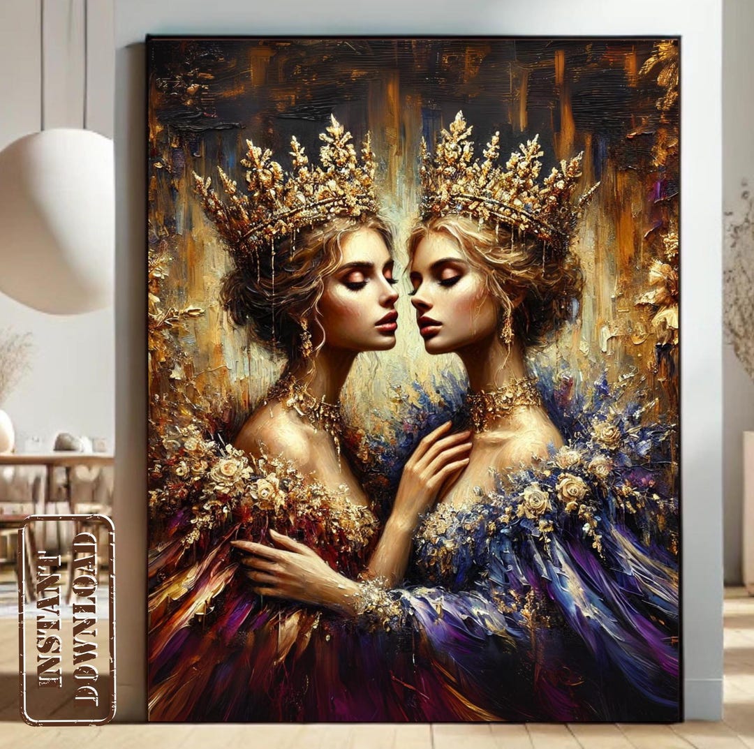  Lesbian Queen Art - Romantic Sapphic Royal Oil Painting, LGBTQ+ Couple 