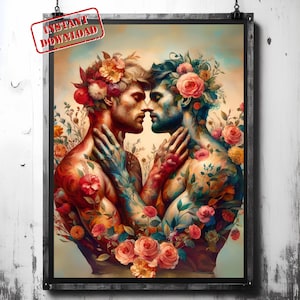 Art mural romantique gay queer - amour orné de fleurs vibrantes - affiche en téléchargement numérique LGBTQ + - décoration pour hommes significative et émouvante