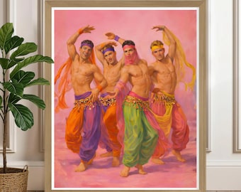 Retro Gay Male Dance Oil Painting | Colorful Queer Wall Art | Exotic Oriental Fantasy | Pride Home Decor Vintage Poster | Bold Gay Wall Art