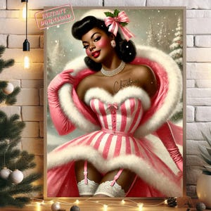 Arte navideño retro de pin-up: arte mural festivo, decoración navideña vintage, póster de chica sexy de Papá Noel, perfecto para la decoración navideña del hogar.