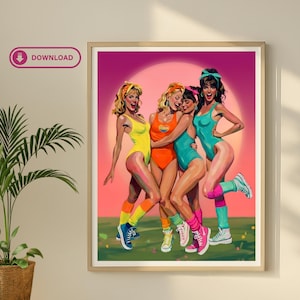 Puede incluir: Una impresión enmarcada que presenta a cuatro mujeres con leotardos coloridos y zapatillas deportivas, posando frente a un fondo rosa y púrpura. Las mujeres se abrazan y sonríen, con una estética retro. La obra de arte tiene un estilo vintage y pop art.