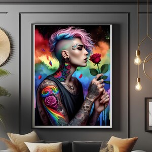 May include: A colorful digital painting of a person with a shaved head and pink and blue hair, wearing a black tank top and colorful tattoos, smelling a red rose.
