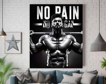 Motivational Poster for Men, No Pain No Gain, Gym Wall Art, Workout Motivation, Strength Training Inspiration, Bodybuilding Poster