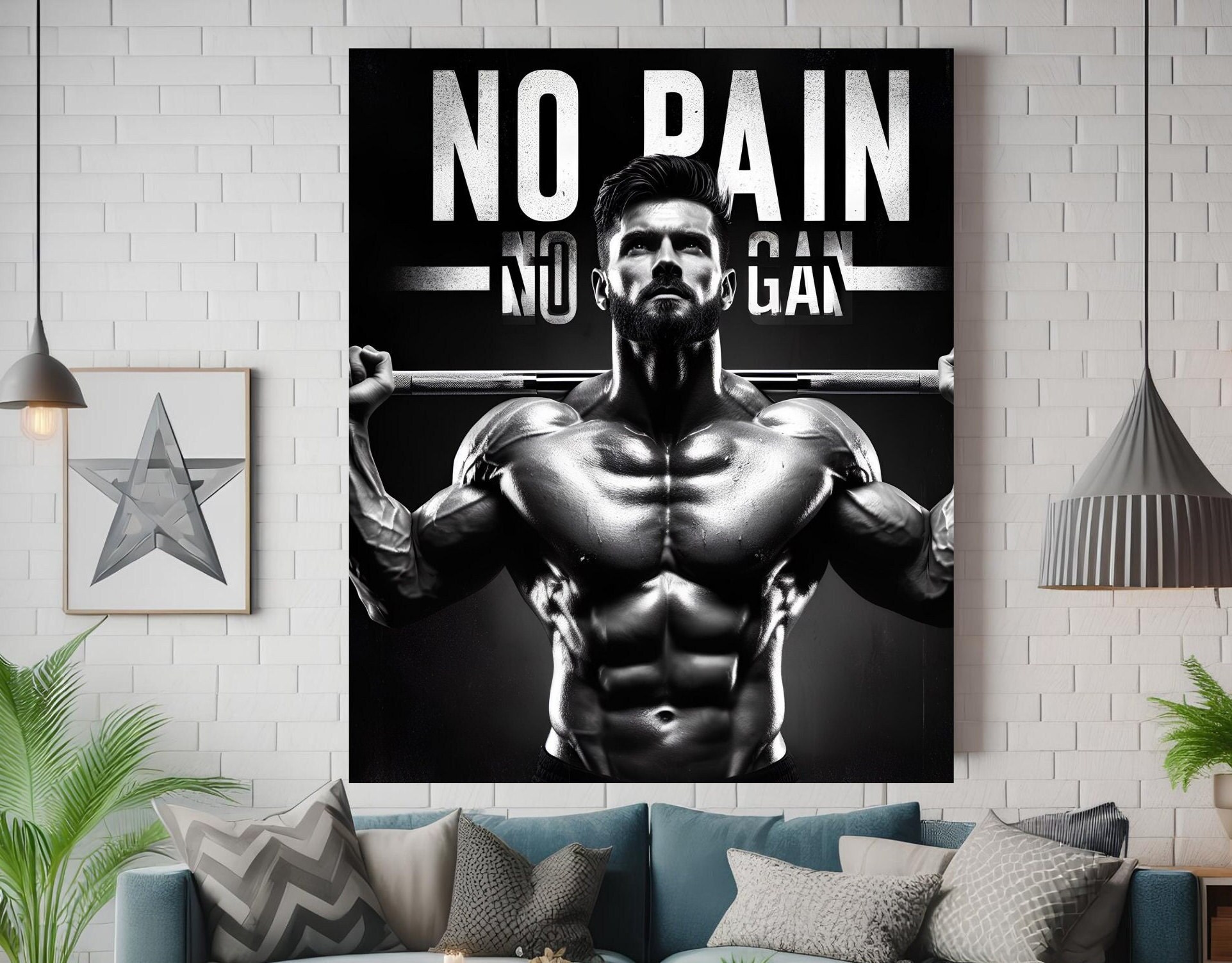 Motivational Poster for Men, No Pain No Gain, Gym Wall Art, Workout ...