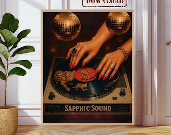 Arte mural lésbico retro para mujeres atrevidas / Póster disco queer con vibras femeninas, joyas de oro, energía sáfica y romance femenino / Idea de regalo para mujeres atrevidas