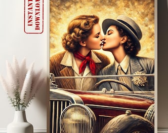 Sapphic Vintage Print | Romantic Lesbian Wall Art | Queer Aesthetic Home Decor | Digital LGBTQ+ Poster | WLW Love Artwork | Retro Pride Gift