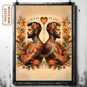Romantic Gay Couple Wall Art - &#39;United We Love&#39; LGBTQ Pride Decor with Vibrant Florals - Perfect Valentine’s Gift and Everyday Love Poster