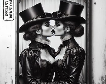 Lesbian Gothic Love Art - Sapphic Vintage Wall Decor- Queer Romantic Poster - LGBTQ+ Innocent Love Art  - Lesbian Victorian Style Decor