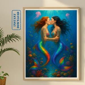 Sapphic Mermaid Print – Mythical WLW Love Wall Art – Queer Romantic Couple Decor – Lesbian Pride Poster – Dreamy Fantasy Artwork