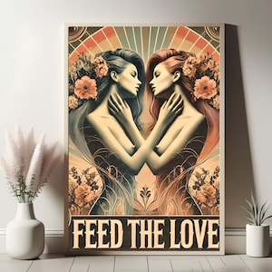 Lesbian Couple and LGBT Digital Poster - Digital Download, Lesbian Love Art - Romantic and Vintage Design- Celebrating Lesbian Relationships
