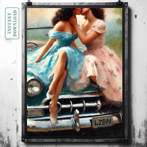 Lesbian Love Art Print - Romantic Sapphic Retro Painting, LGBTQ+ Wall Decor, Queer Digital Artwork, Aesthetic Gift for Her, Pride Home Decor