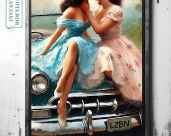 Lesbian Love Art Print - Romantic Sapphic Retro Painting, LGBTQ+ Wall Decor, Queer Digital Artwork, Aesthetic Gift for Her, Pride Home Decor