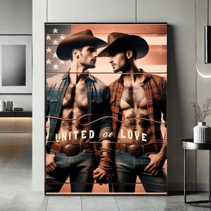 Retro Gay Cowboy Romance Wall Art - LGBTQ Pride Decor - GAY Digital Download - Rustic Western Pride -  Gay Love Gift - United by Love