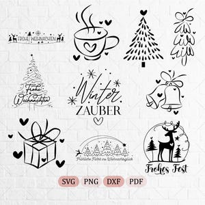 May include: A collection of black Christmas-themed digital illustrations featuring a coffee mug, pine trees, bells, a gift box, and a reindeer. Text includes Frohe Weihnachten, Winter Zauber, Fröhliche Fahrt ins Weihnachtsglück, and Frohes Fest.