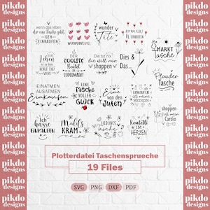 May include: A collection of 19 black graphic designs featuring German text phrases about shopping and bags, including illustrations of hearts, flowers, and food items. The text includes phrases like 'Wunderbeutel', 'Markttasche', and 'Konfetti im Herzen' on a white background.