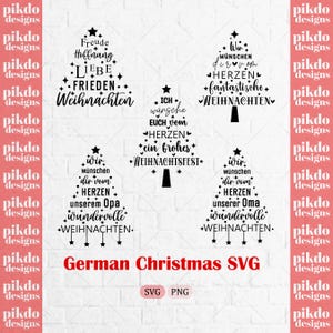 May include: Five black graphic designs shaped like Christmas trees, each containing German text. The designs feature stars and holiday-themed phrases such as Freude, Hoffnung, Liebe, Frieden, Weihnachten, and various well-wishes for family members.